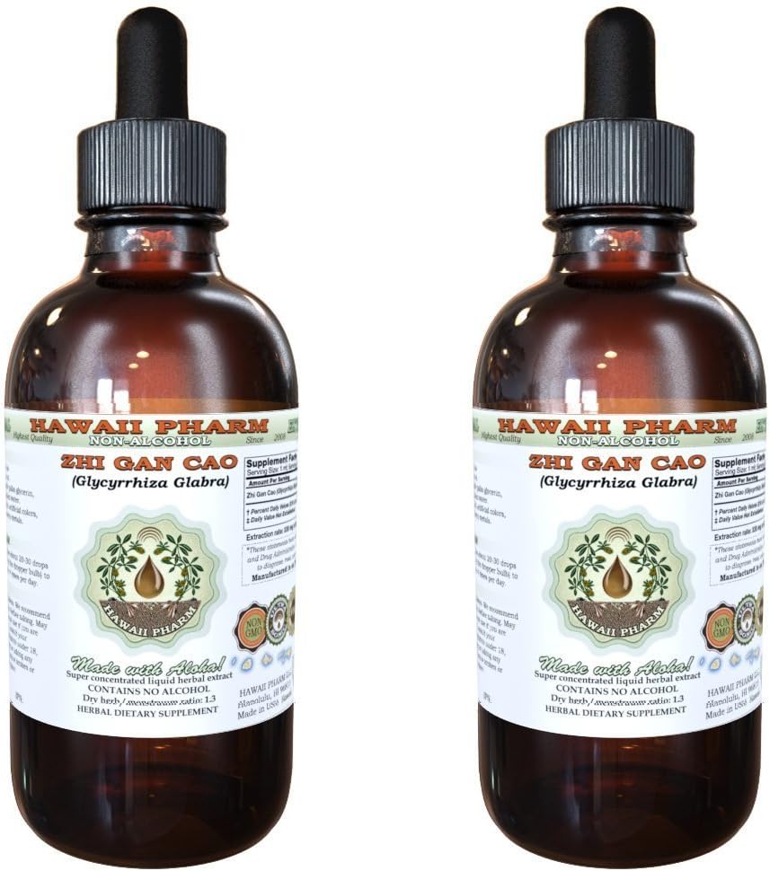 Zhi Gan Cao Extrato Líquido Sem Álcool, Raiz Processada de Alcaçuz (Glycyrrhiza Glabra) Glicerito de Ervas Naturais, Hawaii Pharm, EUA 2×60 ml