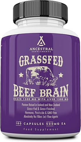 Ancestral Supplements - Suplemento de Cérebro de Boi Alimentado com Capim e Fígado de Boi – Suporte Cerebral Integral para Saúde do Cérebro, Humor e Memória – Cápsulas de Fórmula para Saúde Cerebral e Hepática – Marca