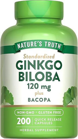 Nature's Truth - Nature’s Truth Ginkgo Biloba 120mg + Bacopa | 200 Cápsulas de Liberação Rápida | Extrato Padronizado | Suplemento Livre de OGM e Glúten