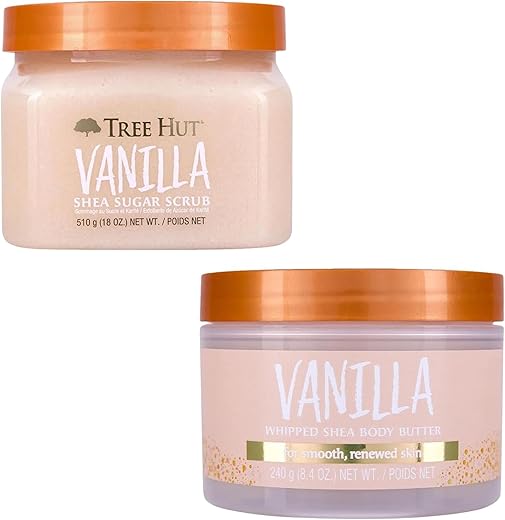 Conjunto Presente Tree Hut Vanilla Shea Sugar Scrub com Manteiga Corporal Batida, Novo Aroma 2023, 26,4 Onças Bege