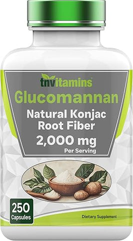 tnvitamins - Glucomannan Capsules 2000 MG – 250 Unidades | Extrato Natural de Raiz de Konjac em Pó | Fibra Solúvel | Suplemento de Fibra Alimentar