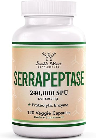 Double Wood Supplements - Serrapeptase 240,000 SPU Max Potency – Cápsulas Vegetais (120) Enzima Proteolítica para Saúde Sinusal, Respiratória e Articular – Double Wood