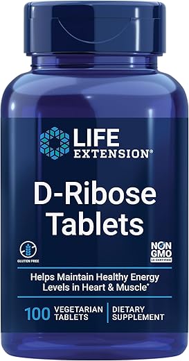 D-Ribose Tablets – Suplemento RIBOSE para Saúde Cardíaca, Energia Celular e Recuperação de Exercícios – Sem Glúten, Não-OGM, Vegetariano – 100 Comprimidos - Life Extension