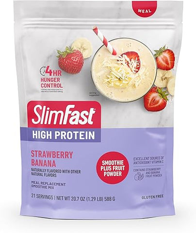 Smoothie Mix Plus Fruit Powder – Alto teor de proteína, substituto de refeição em pó, rico em fibras e vitamina C – 21 porções, 585g, Morango Banana - SlimFast