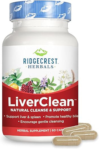 RidgeCrest Herbals - Ridgecrest Herbals LiverClean – Suporte Herbal para o Fígado, Cardo Abençoado, Dente-de-leão, Desintoxicação, Limpeza, Bile Saudável (60 Cáps, 30 Porções)