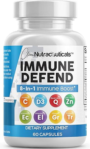 Clean Nutraceuticals - Suplemento 8 em 1 para Suporte à Defesa Imunológica c/ Zinco 50mg Quercetina, Vit C 1000mg, Vitamina D3 5000 UI, Sabugueiro, Cúrcuma Curcumina, Gengibre, Equinácea – Impulsionador do Sistema Imunológico