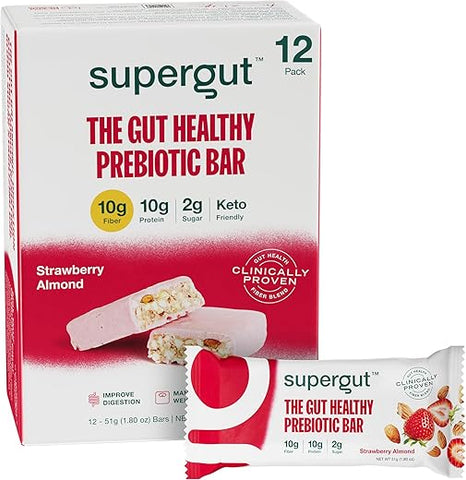Barras Supergut Prebióticas | Substituto de Refeição | Estimula GLP-1 | Alta Fibra e Proteína | Sem Açúcar Adicionado | Alimento Keto, Refeição, Lanche (Morango Amêndoa, 12 Unidades)