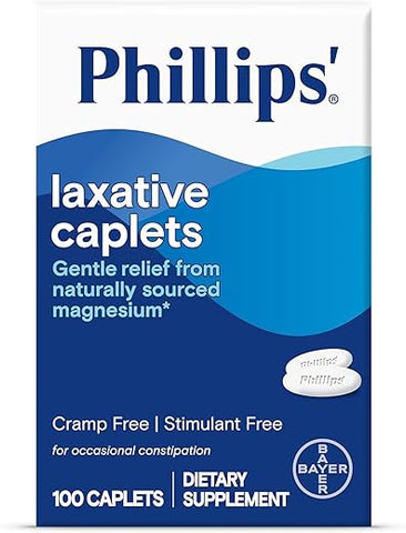Phillips' - Phillips Laxative Caplets: Alívio Suave da Constipação Ocasional com Magnésio Natural, Sem Cólicas e Laxantes Estimulantes, 100 Caplets