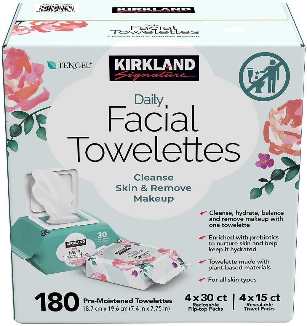 Kirkland Signature - Toalhetes Faciais Diários KIRKLAND Signature, 4,53 libras (180 unidades, 1 caixa) – Toalhetes Faciais de Qualidade Premium