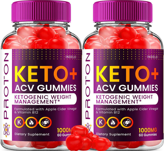 Indelo - (2 Pacotes) Gomas Avançadas Proton Keto ACV, Gomas Proton Keto ACV 1000mg, Gomas de Vinagre de Maçã com Proteína, Avaliações das Gomas Proton Gummies, Vitamina B12 Proton Keto ACV (120 Gomas)