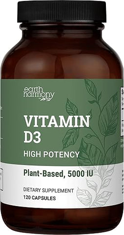Earth Harmony Naturals - Vitamina D3 Vegana 5000 UI – Pureza e Potência para a Saúde Imunológica