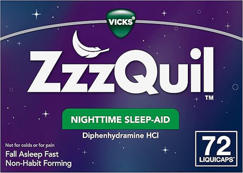 Auxiliar Noturno para Dormir, 25 mg Diphenhydramine HCl, Marca Líder em Auxílio ao Sono, Não Vicia, Adormeça Rápido, 72 Cápsulas - ZzzQuil