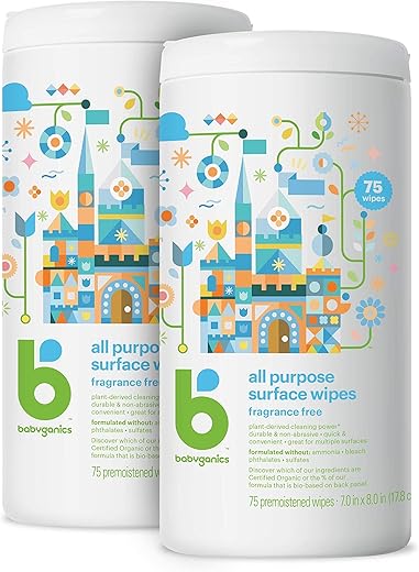 Lenços de Limpeza Multiuso, Sem Fragrância, 75 Unidades (Pacote com 2), à Base de Plantas e Não Abrasivos, Sem Amônia, Sem Cloro - Babyganics