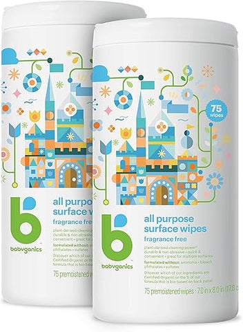Lenços de Limpeza Multiuso, Sem Fragrância, 75 Unidades (Pacote com 2), à Base de Plantas e Não Abrasivos, Sem Amônia, Sem Cloro - Babyganics