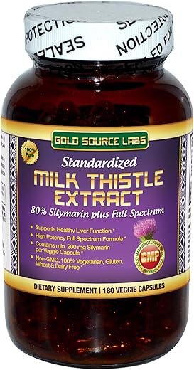 Gold Source Labs - Cápsulas de Cardo de Leite Orgânico, 180 caps, Pó Puro de Cardo de Leite Plus 80%% Extrato Padronizado de Silimarina Complexo, 450 mg, Suplemento Natural para a Saúde do Fígado, Impulso Imunológico, Desintoxicação