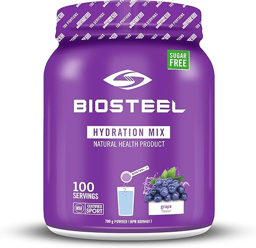 BIOSTEEL - BioSteel Hydration Mix – Fórmula sem açúcar com eletrólitos essenciais, reposição pós-treino, uva, 100 porções