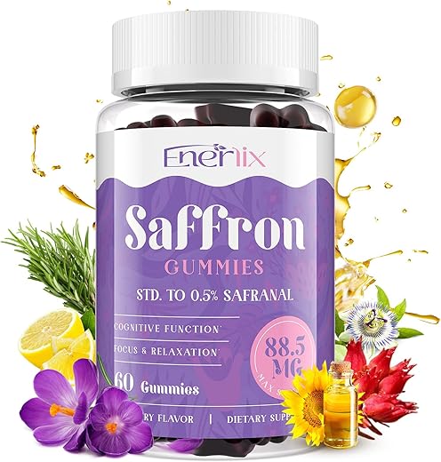 Enerlix - Gomas de Açafrão 88,5 mg com Magnésio – Suplemento de Açafrão de Força Máxima com Hipérico, GABA, Rodiola e Alecrim