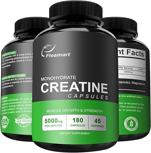 Fleamart - Cápsulas de Monohidrato de Creatina Micronizada, Amigável ao Keto, 5000mg, 180 Cápsulas, Testadas por Terceiros, Fabricadas nos EUA, Livre de OGM e Glúten