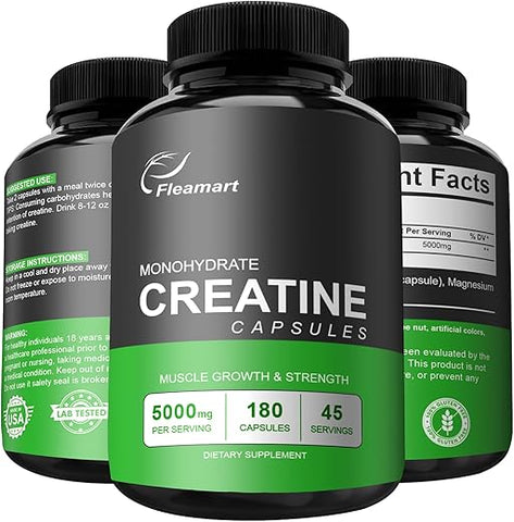Fleamart - Cápsulas de Monohidrato de Creatina Micronizada, Amigável ao Keto, 5000mg, 180 Cápsulas, Testadas por Terceiros, Fabricadas nos EUA, Livre de OGM e Glúten