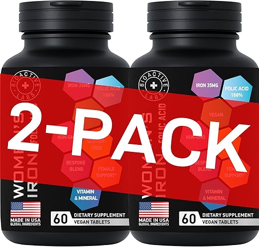BIOACTIVE LABS - Suplemento de Ferro Vegano para Mulheres com Ácido Fólico – 168% Folate Folic Acid, 194% Sulfato Ferroso Construtor de Sangue para Mulheres com Anemia e Gestantes – 2-Pack, 120 g