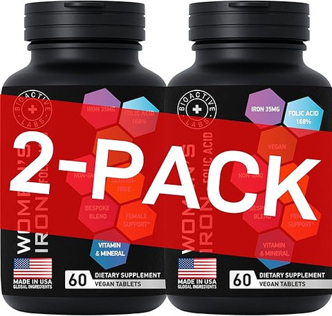 BIOACTIVE LABS - Suplemento de Ferro Vegano para Mulheres com Ácido Fólico – 168% Folate Folic Acid, 194% Sulfato Ferroso Construtor de Sangue para Mulheres com Anemia e Gestantes – 2-Pack, 120 g
