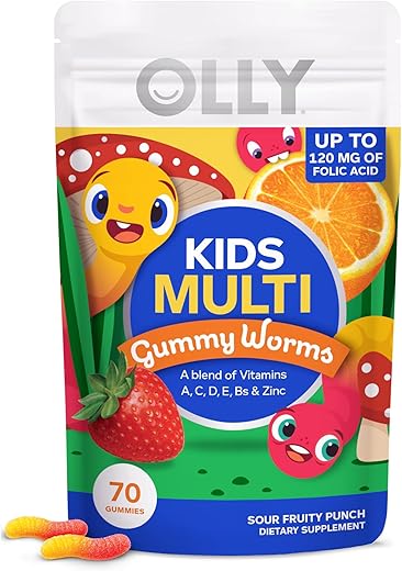 Kids Multivitamin Gummy Worms – Saúde Geral e Suporte Imunológico, Vitaminas e Minerais A, C, D, E, Bs e Zinco, Suplemento Mastigável, Sabor Punch de Frutas Azedas, 45 Dias de Fornecimento – 70g - OLLY