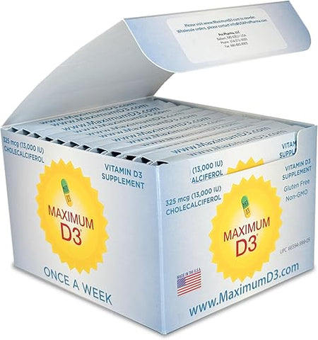 Maximum D3 - Caixa de 13.000 UI, 60 Cápsulas Total (12 Cartelas/Caixa x 5 Cápsulas por Cartela), Fornecimento de 60 Semanas [Embalagem Pode Variar]