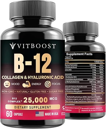VITBOOST - B12 com Ácido Hialurônico, Colágeno e Folato – 25000 mcg Suplemento de B12 Metilcobalamina | Maximiza Absorção | Marca: Maximize