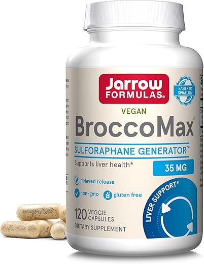 BroccoMax Gerador de Sulforafano 35 mg com Glucosinolato de Sulforafano e Mirosinase, Suplemento Alimentar para Suporte à Saúde do Fígado, 120 Cápsulas Vegetais de Liberação Retardada - Jarrow Formulas