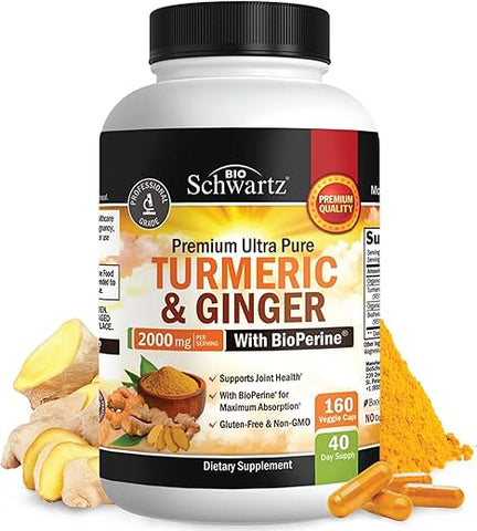 BioSchwartz - Turmeric Curcumin e Gengibre 2000mg com BioPerine para Máxima Absorção, 95%% Curcuminoides Padronizados Natural Suplemento de Cúrcuma para Articulações