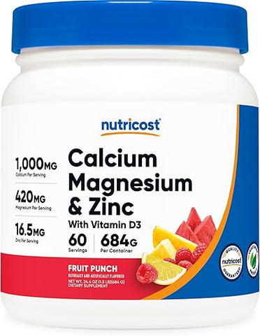 Cálcio Magnésio Zinco com Vitamina D3 em Pó, 60 Porções (Sabor Frutas Vermelhas) – Cálcio (1000 MG) Magnésio (420 MG) Zinco (16.5 MG) Vitamina D3 (30 MCG) – Livre de Glúten, Não-OGM - Nutricost