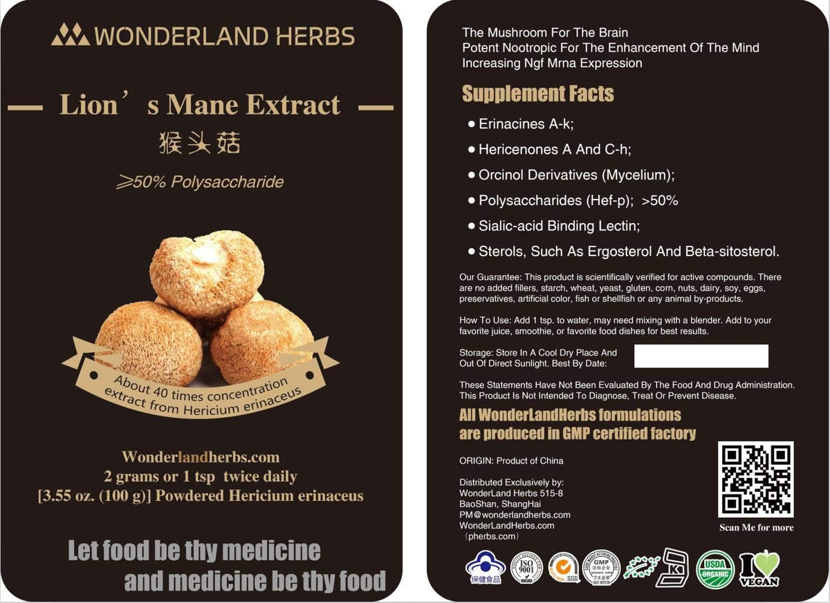 WonderLand Herbs - Extrato em Pó de Cogumelo Hericium erinaceus/Cabeça de Macaco [Mane de Leão] 100 g, ≥50% N-glicanos