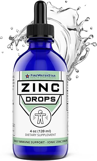 FIREWATERSTAR HEALTH SUPPLEMENTS - FWS Liquid Zinc – Gotas de Zinco Líquido – Suporte Imunológico para Adultos e Crianças – Orgânico, Não-OGM, Vegano – 45mg – Reforce seu Sistema Imunológico, Apoie uma Pele Saudável e Promova