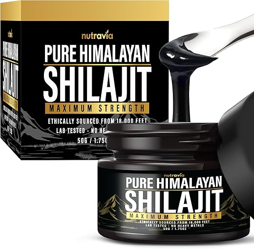 Nutravia - Shilajit Puro Himalaia Orgânico – Fórmula Natural Autêntica Testada em Laboratório para Homens e Mulheres – Sem Metais Pesados – Força Máxima de 600mg com 85 Minerais Traços – Grau Dourado Shilajit