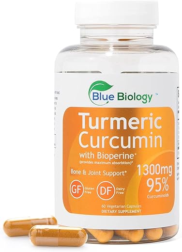 BlueBiology - Cápsulas de Cúrcuma Curcumina com Bioperina – Cápsulas de Cúrcuma Curcumina, Sem Lactose, Sem Glúten – Suplemento de Cúrcuma Curcumina – (60 Cápsulas Vegetarianas)