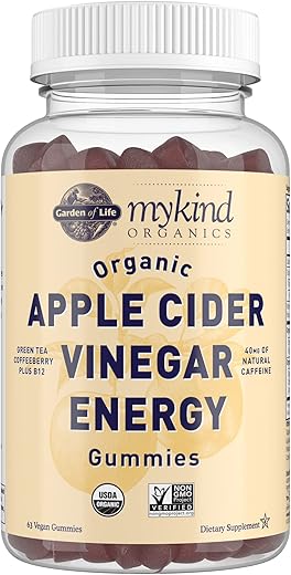 mykind Organics Gomas Energéticas de Vinagre de Maçã – ACV Orgânico da USDA com Vitaminas B12, Coffeeberry e Chá Verde – 63 Gomas Veganas para Energia - Garden of Life