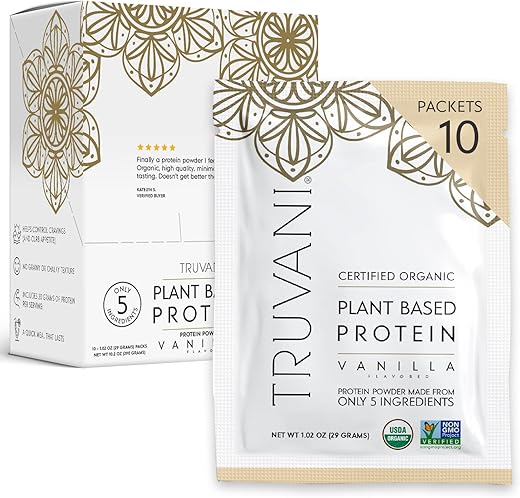 Proteína de Ervilha Vegana | Baunilha | 20g Proteína Vegetal Orgânica | 10 Pacotes de Viagem | Keto | Sem Glúten - Truvani