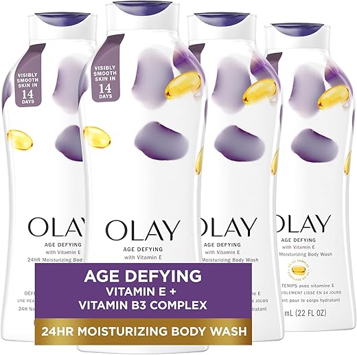 Body Wash Age Defying para Mulheres com Vitamina E, Hidratação 24 horas, 650 ml (Pack com 4 unidades) - Olay