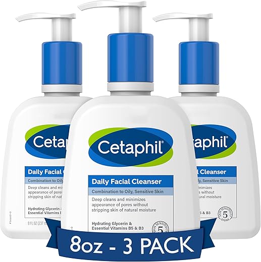 Face Wash 8 oz 3 Pack – Limpeza Facial Diária para Pele Sensível, Mista a Oleosa, Espuma Suave, Livre de Sabão, Hipoalergênico - Cetaphil
