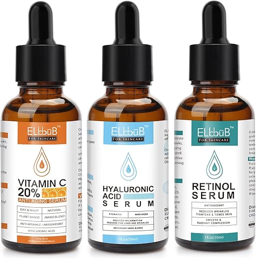 ELBBUB - Sérum Facial Anti-Idade 3 em 1: Vitamina C, Retinol e Ácido Hialurônico – 3 Frascos de 30ml cada (90ml no total)