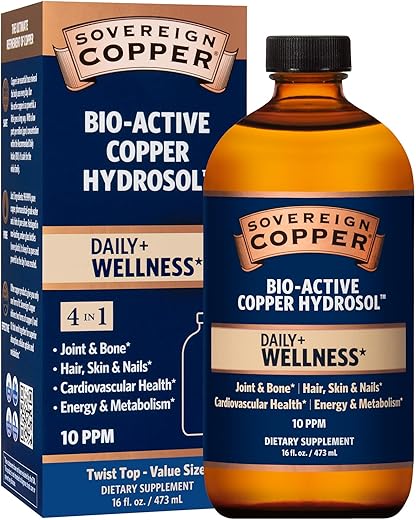 Hidrossol de Cobre Bio-Ativo, Suplemento Diário 4 em 1 para Saúde das Articulações e Ossos*, Cabelo, Pele e Unhas*, Saúde Cardiovascular* e Energia e Metabolismo – 30ml - Sovereign Copper