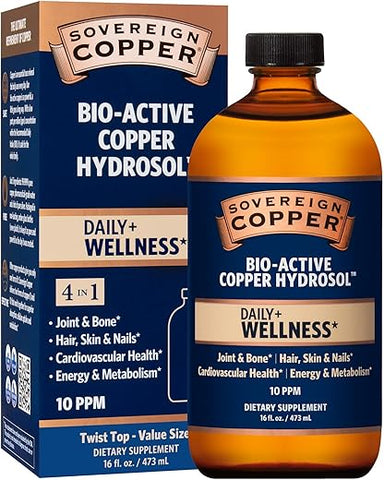 Hidrossol de Cobre Bio-Ativo, Suplemento Diário 4 em 1 para Saúde das Articulações e Ossos*, Cabelo, Pele e Unhas*, Saúde Cardiovascular* e Energia e Metabolismo – 30ml - Sovereign Copper