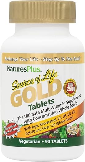 Source of Life Gold Multivitamínico – 90 Comprimidos – com Vitaminas D3, B12 – Melhor Marca de Produto - Natures Plus