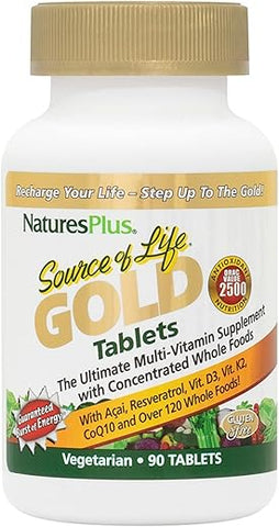 Source of Life Gold Multivitamínico – 90 Comprimidos – com Vitaminas D3, B12 – Melhor Marca de Produto - Natures Plus