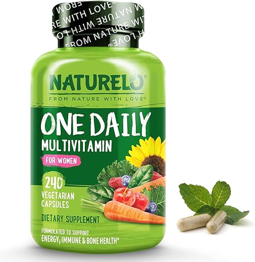 Multivitamínico Diário para Mulheres – Suporte Energético – Suplemento Alimentar à Base de Alimentos Integrais para Nutrir Cabelos, Pele, Unhas – Não-OGM – Sem Soja – Sem Glúten – 240 Cápsulas | Fornecimento de 8 Meses - NATURELO