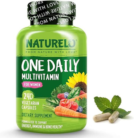 Multivitamínico Diário para Mulheres – Suporte Energético – Suplemento Alimentar à Base de Alimentos Integrais para Nutrir Cabelos, Pele, Unhas – Não-OGM – Sem Soja – Sem Glúten – 240 Cápsulas | Fornecimento de 8 Meses - NATURELO