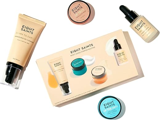 Conjunto de Cuidados com a Pele Eight Saints Mais Amado: Sabonete Facial, Sérum Facial de Vitamina C, Creme Anti-Envelhecimento com Niacinamida, Máscara Labial, Kit Presente