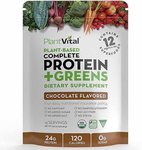 Plantvital - PlantVital: Pó de Proteína Vegana à Base de Plantas, Chocolate Orgânico, 24g/0g açúcar, 12 Superfoods, Vegetais, Probióticos, Cacau Cru, Couve, Beterraba, Spirulina, Ervilha