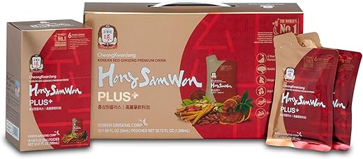 CheongKwanJang - HongSamWon Plus – Bebida Premium de Ginseng Vermelho Coreano | Energético, Pré-Treino, Chá Herbal | Extrato de Ginseng Vermelho Coreano 360mg, Cogumelo Reishi, Gengibre, Canela, Goji Berry | Vegano