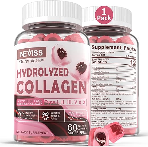 NEVISS - Gomas de Colágeno Hidrolisado 800mg, Sem Açúcar, Multi Peptídeos Tipo I II III V